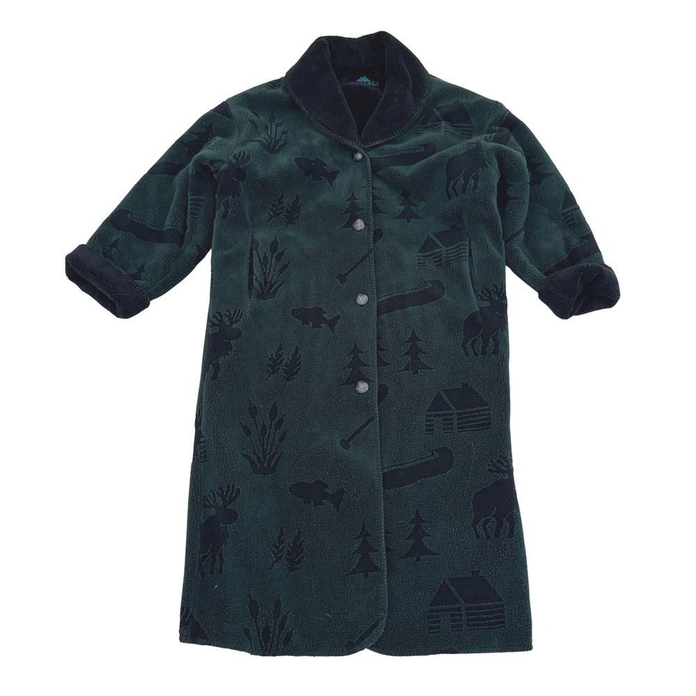 VTG! Denali Reversible Fleece Coat Cabin Print Shawl Collar Long‎ Sleeve Green M